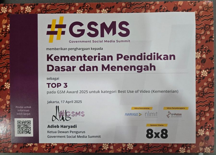 Kategori Best Use of Video Kementerian, Kemendikdasmen Raih Penghargaan GSM Award 2025